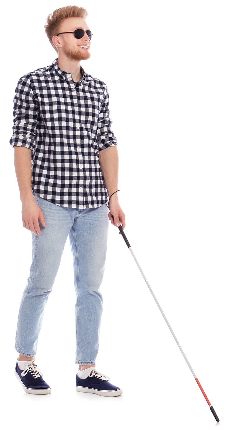blind young man walking with a cane